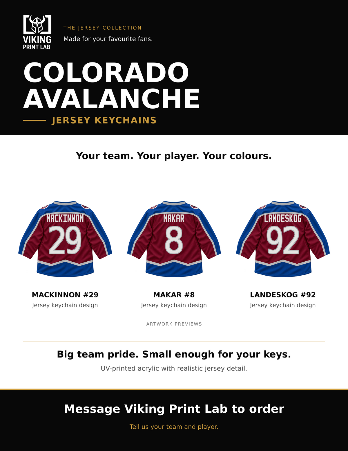 Colorado Avalanche jersey keychain design overview, showing three available artwork examples. Price is for one keychain.