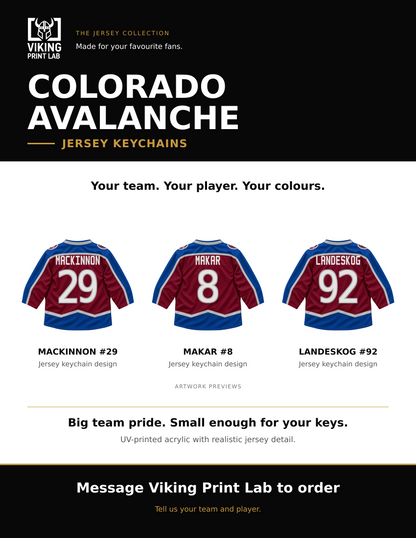 Colorado Avalanche jersey keychain design overview, showing three available artwork examples. Price is for one keychain.
