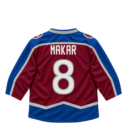 Colorado Avalanche MAKAR #8 jersey keychain artwork preview. Jersey keychain design. Attachment hardware is supplied with the finished acrylic keychain.