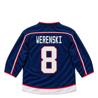 Columbus Blue Jackets WERENSKI #8 jersey keychain artwork preview. Jersey keychain design. Attachment hardware is supplied with the finished acrylic keychain.