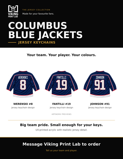 Columbus Blue Jackets jersey keychain design overview, showing three available artwork examples. Price is for one keychain.