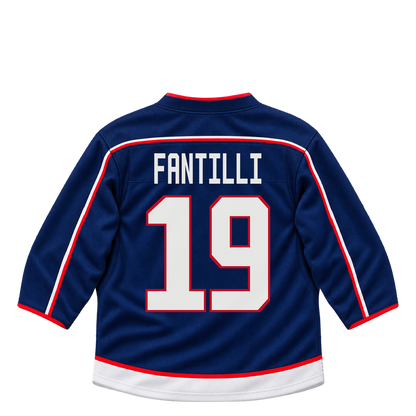 Columbus Blue Jackets FANTILLI #19 jersey keychain artwork preview. Jersey keychain design. Attachment hardware is supplied with the finished acrylic keychain.