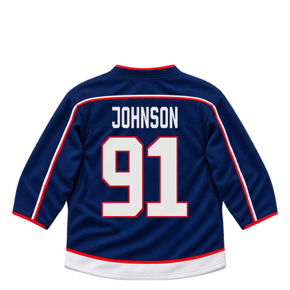 Columbus Blue Jackets JOHNSON #91 jersey keychain artwork preview. Jersey keychain design. Attachment hardware is supplied with the finished acrylic keychain.