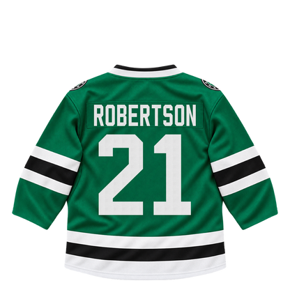 Dallas Stars ROBERTSON #21 jersey keychain artwork preview. Jersey keychain design. Attachment hardware is supplied with the finished acrylic keychain.