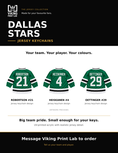 Dallas Stars jersey keychain design overview, showing three available artwork examples. Price is for one keychain.