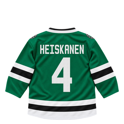 Dallas Stars HEISKANEN #4 jersey keychain artwork preview. Jersey keychain design. Attachment hardware is supplied with the finished acrylic keychain.