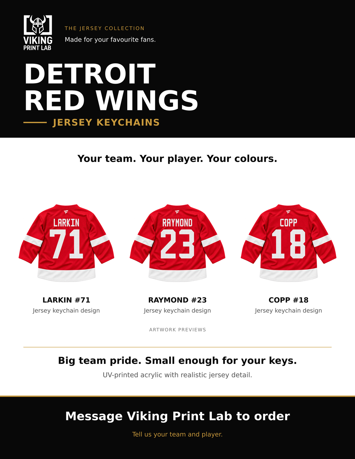 Detroit Red Wings jersey keychain design overview, showing three available artwork examples. Price is for one keychain.