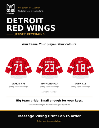 Detroit Red Wings jersey keychain design overview, showing three available artwork examples. Price is for one keychain.