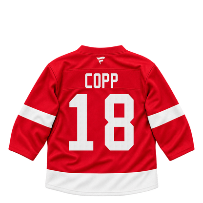 Detroit Red Wings COPP #18 jersey keychain artwork preview. Jersey keychain design. Attachment hardware is supplied with the finished acrylic keychain.