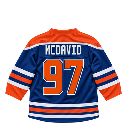 Edmonton Oilers MCDAVID #97 jersey keychain artwork preview. Jersey keychain design. Attachment hardware is supplied with the finished acrylic keychain.