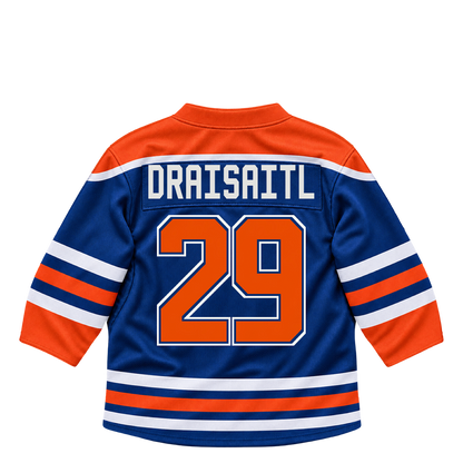 Edmonton Oilers DRAISAITL #29 jersey keychain artwork preview. Jersey keychain design. Attachment hardware is supplied with the finished acrylic keychain.