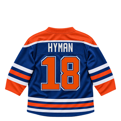 Edmonton Oilers HYMAN #18 jersey keychain artwork preview. Jersey keychain design. Attachment hardware is supplied with the finished acrylic keychain.