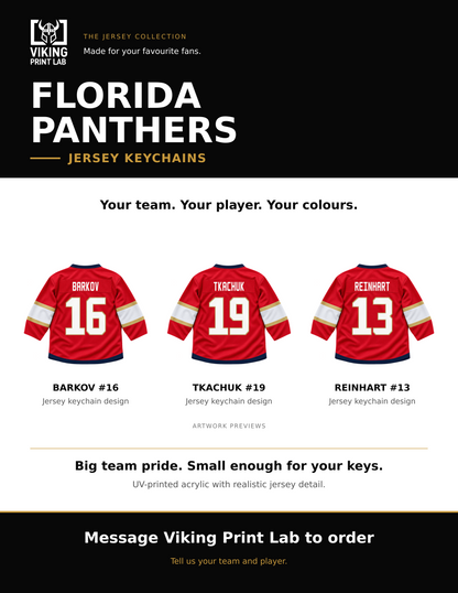 Florida Panthers jersey keychain design overview, showing three available artwork examples. Price is for one keychain.