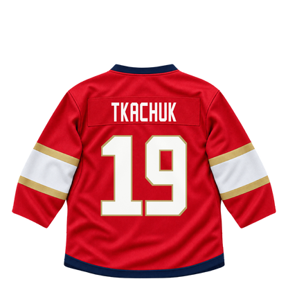 Florida Panthers TKACHUK #19 jersey keychain artwork preview. Jersey keychain design. Attachment hardware is supplied with the finished acrylic keychain.