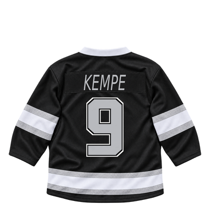 Los Angeles Kings KEMPE #9 jersey keychain artwork preview. Jersey keychain design. Attachment hardware is supplied with the finished acrylic keychain.