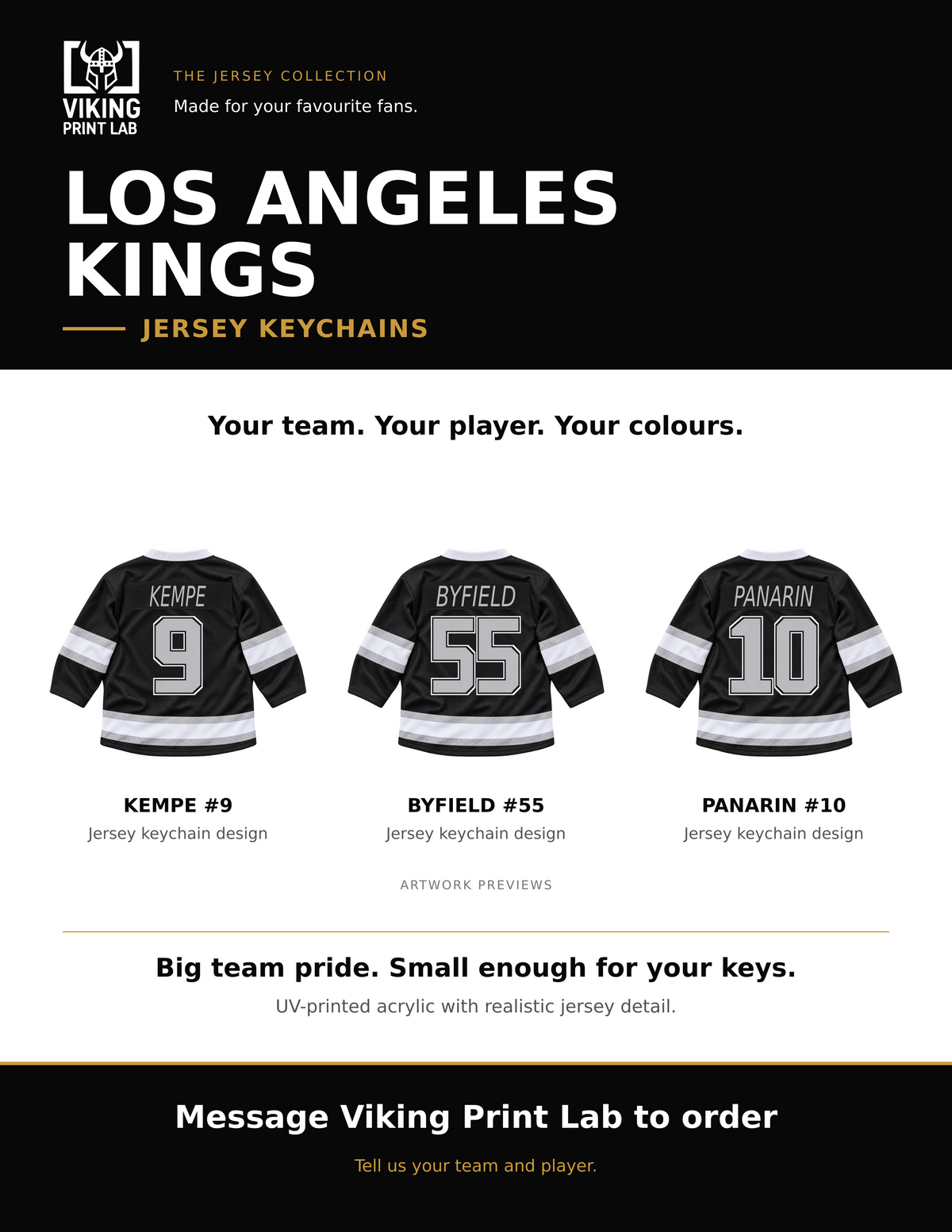 Los Angeles Kings jersey keychain design overview, showing three available artwork examples. Price is for one keychain.