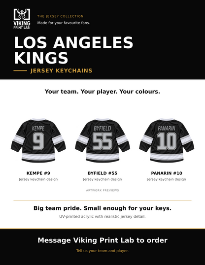 Los Angeles Kings jersey keychain design overview, showing three available artwork examples. Price is for one keychain.