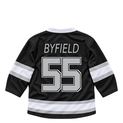 Los Angeles Kings BYFIELD #55 jersey keychain artwork preview. Jersey keychain design. Attachment hardware is supplied with the finished acrylic keychain.