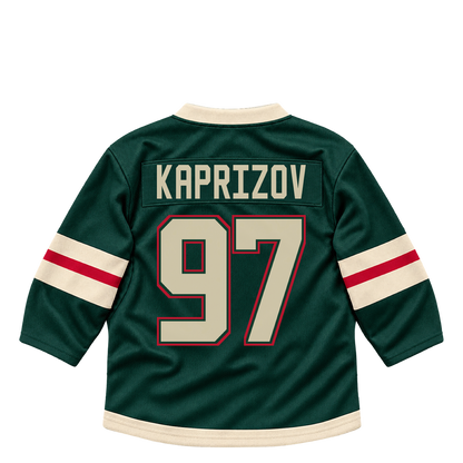 Minnesota Wild KAPRIZOV #97 jersey keychain artwork preview. Jersey keychain design. Attachment hardware is supplied with the finished acrylic keychain.