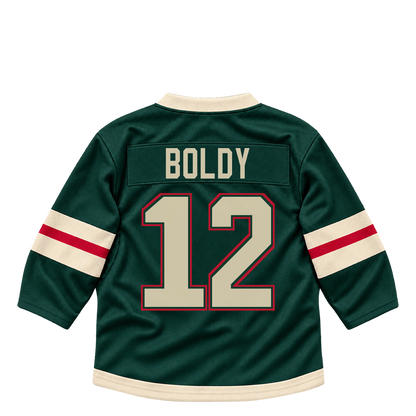 Minnesota Wild BOLDY #12 jersey keychain artwork preview. Jersey keychain design. Attachment hardware is supplied with the finished acrylic keychain.