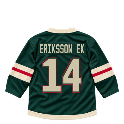 Minnesota Wild ERIKSSON EK #14 jersey keychain artwork preview. Jersey keychain design. Attachment hardware is supplied with the finished acrylic keychain.