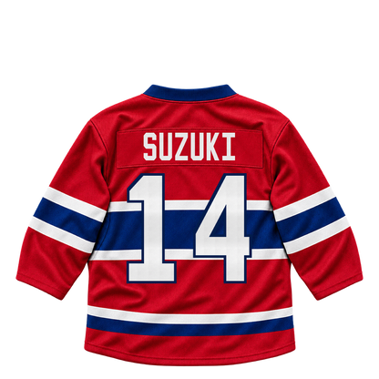 Montreal Canadiens SUZUKI #14 jersey keychain artwork preview. Jersey keychain design. Attachment hardware is supplied with the finished acrylic keychain.