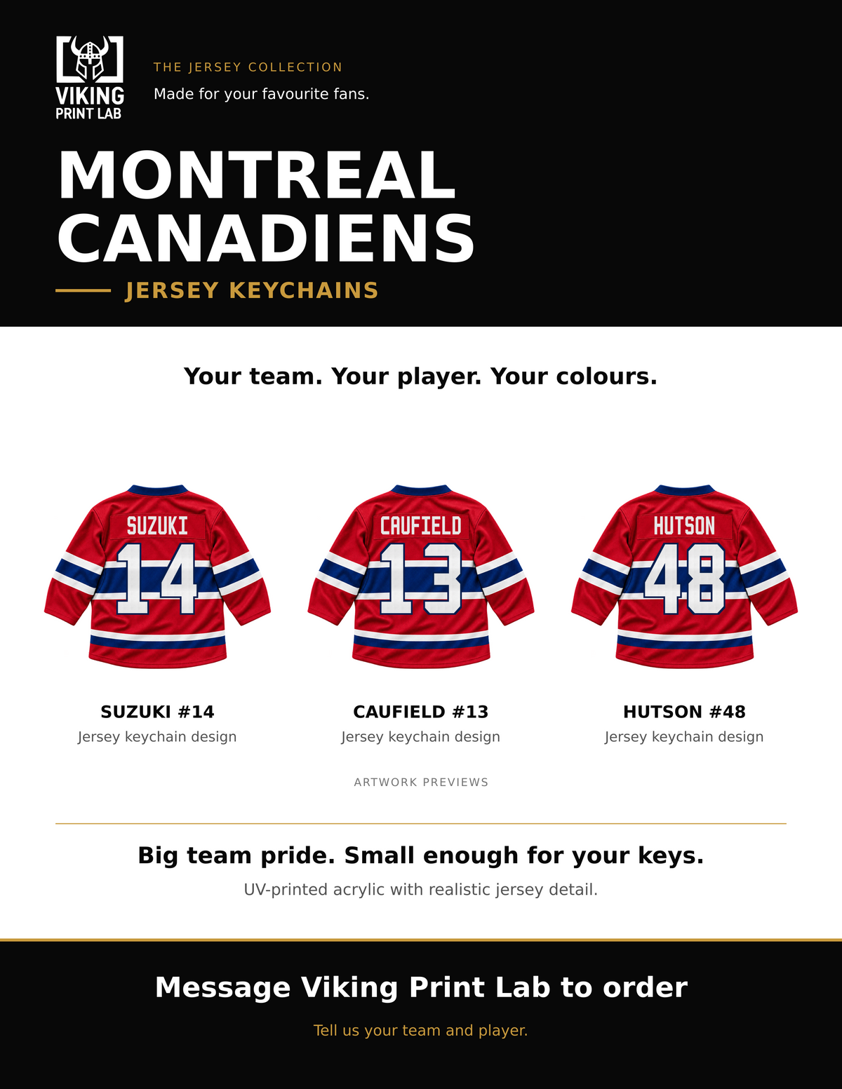 Montreal Canadiens jersey keychain design overview, showing three available artwork examples. Price is for one keychain.