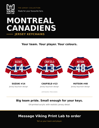 Montreal Canadiens jersey keychain design overview, showing three available artwork examples. Price is for one keychain.