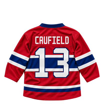 Montreal Canadiens CAUFIELD #13 jersey keychain artwork preview. Jersey keychain design. Attachment hardware is supplied with the finished acrylic keychain.