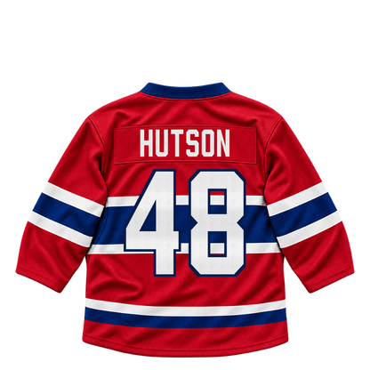 Montreal Canadiens HUTSON #48 jersey keychain artwork preview. Jersey keychain design. Attachment hardware is supplied with the finished acrylic keychain.