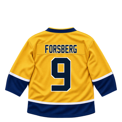 Nashville Predators FORSBERG #9 jersey keychain artwork preview. Jersey keychain design. Attachment hardware is supplied with the finished acrylic keychain.