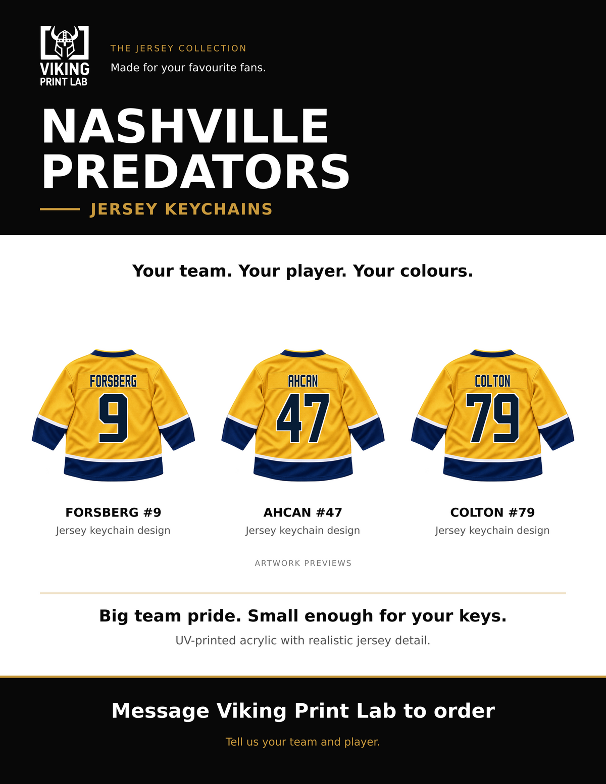 Nashville Predators jersey keychain design overview, showing three available artwork examples. Price is for one keychain.