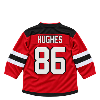 New Jersey Devils HUGHES #86 jersey keychain artwork preview. Jersey keychain design. Attachment hardware is supplied with the finished acrylic keychain.