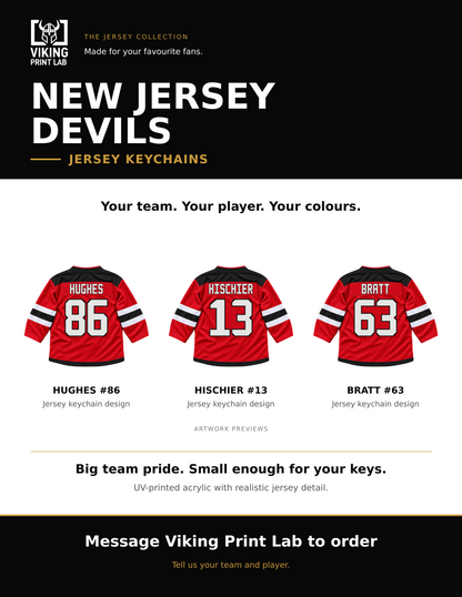 New Jersey Devils jersey keychain design overview, showing three available artwork examples. Price is for one keychain.