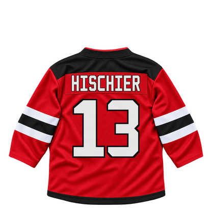 New Jersey Devils HISCHIER #13 jersey keychain artwork preview. Jersey keychain design. Attachment hardware is supplied with the finished acrylic keychain.