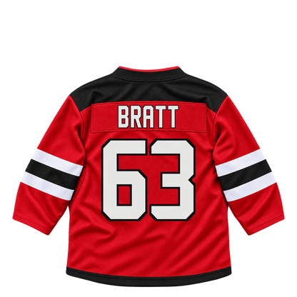New Jersey Devils BRATT #63 jersey keychain artwork preview. Jersey keychain design. Attachment hardware is supplied with the finished acrylic keychain.