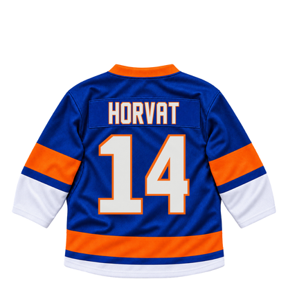 New York Islanders HORVAT #14 jersey keychain artwork preview. Jersey keychain design. Attachment hardware is supplied with the finished acrylic keychain.