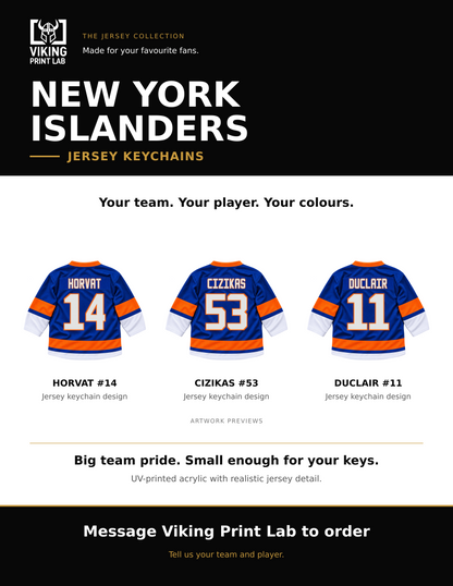 New York Islanders jersey keychain design overview, showing three available artwork examples. Price is for one keychain.