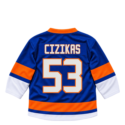 New York Islanders CIZIKAS #53 jersey keychain artwork preview. Jersey keychain design. Attachment hardware is supplied with the finished acrylic keychain.