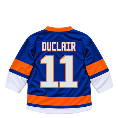 New York Islanders DUCLAIR #11 jersey keychain artwork preview. Jersey keychain design. Attachment hardware is supplied with the finished acrylic keychain.