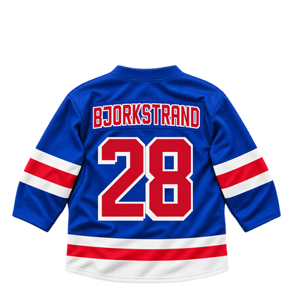 New York Rangers BJORKSTRAND #28 jersey keychain artwork preview. Jersey keychain design. Attachment hardware is supplied with the finished acrylic keychain.