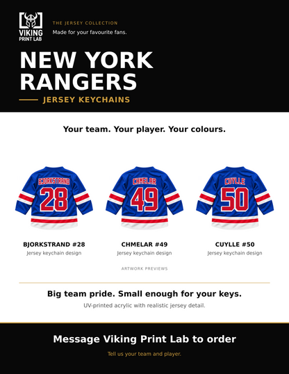 New York Rangers jersey keychain design overview, showing three available artwork examples. Price is for one keychain.