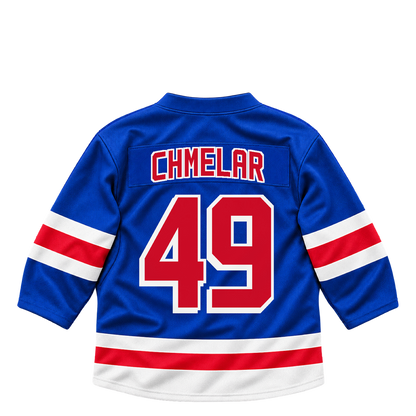 New York Rangers CHMELAR #49 jersey keychain artwork preview. Jersey keychain design. Attachment hardware is supplied with the finished acrylic keychain.