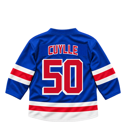 New York Rangers CUYLLE #50 jersey keychain artwork preview. Jersey keychain design. Attachment hardware is supplied with the finished acrylic keychain.