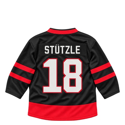 Ottawa Senators STUTZLE #18 jersey keychain artwork preview. Jersey keychain design. Attachment hardware is supplied with the finished acrylic keychain.