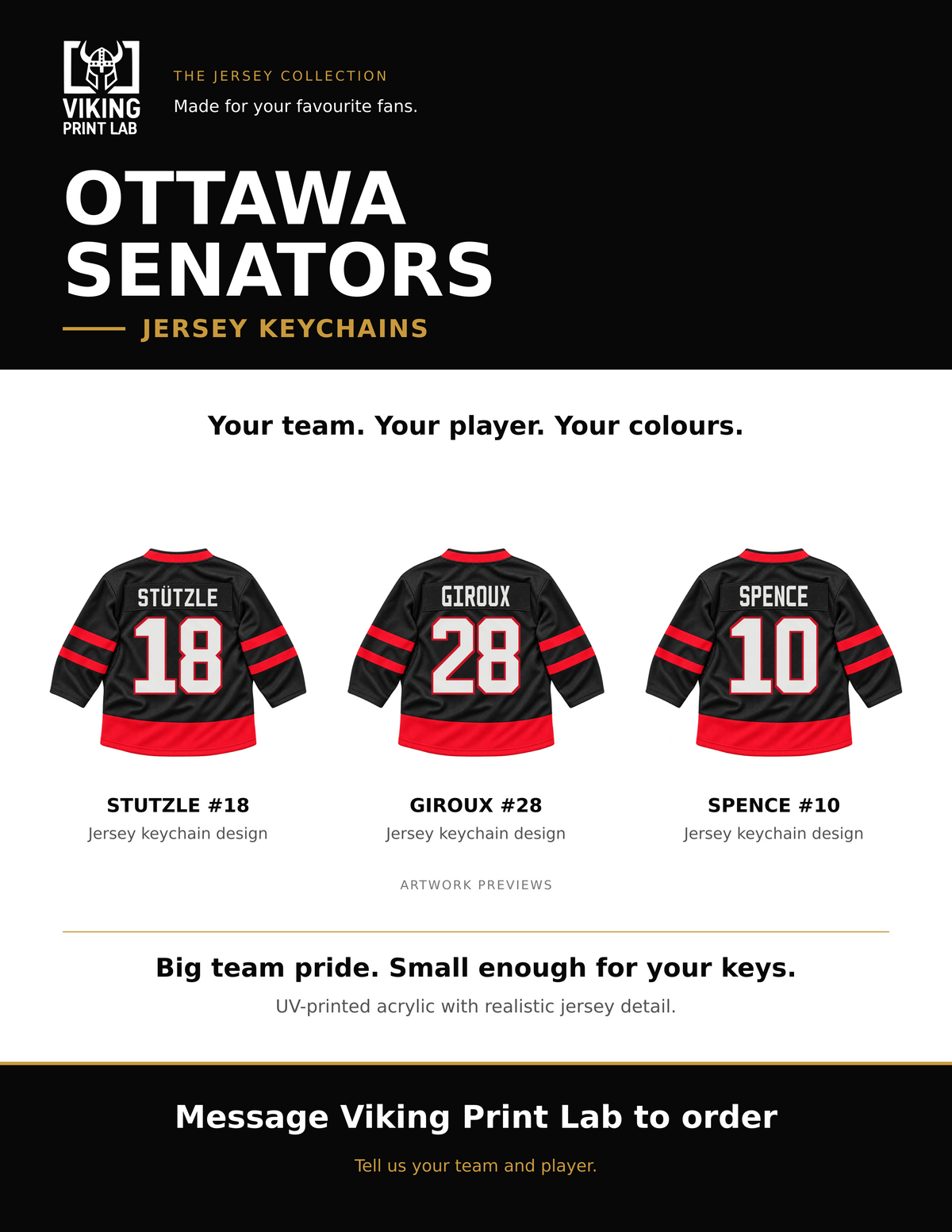 Ottawa Senators jersey keychain design overview, showing three available artwork examples. Price is for one keychain.