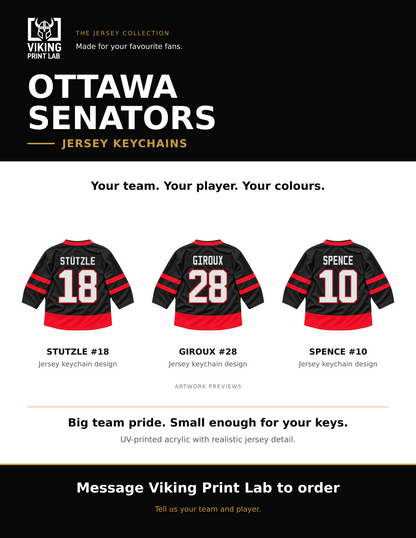 Ottawa Senators jersey keychain design overview, showing three available artwork examples. Price is for one keychain.