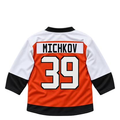 Philadelphia Flyers MICHKOV #39 jersey keychain artwork preview. Jersey keychain design. Attachment hardware is supplied with the finished acrylic keychain.