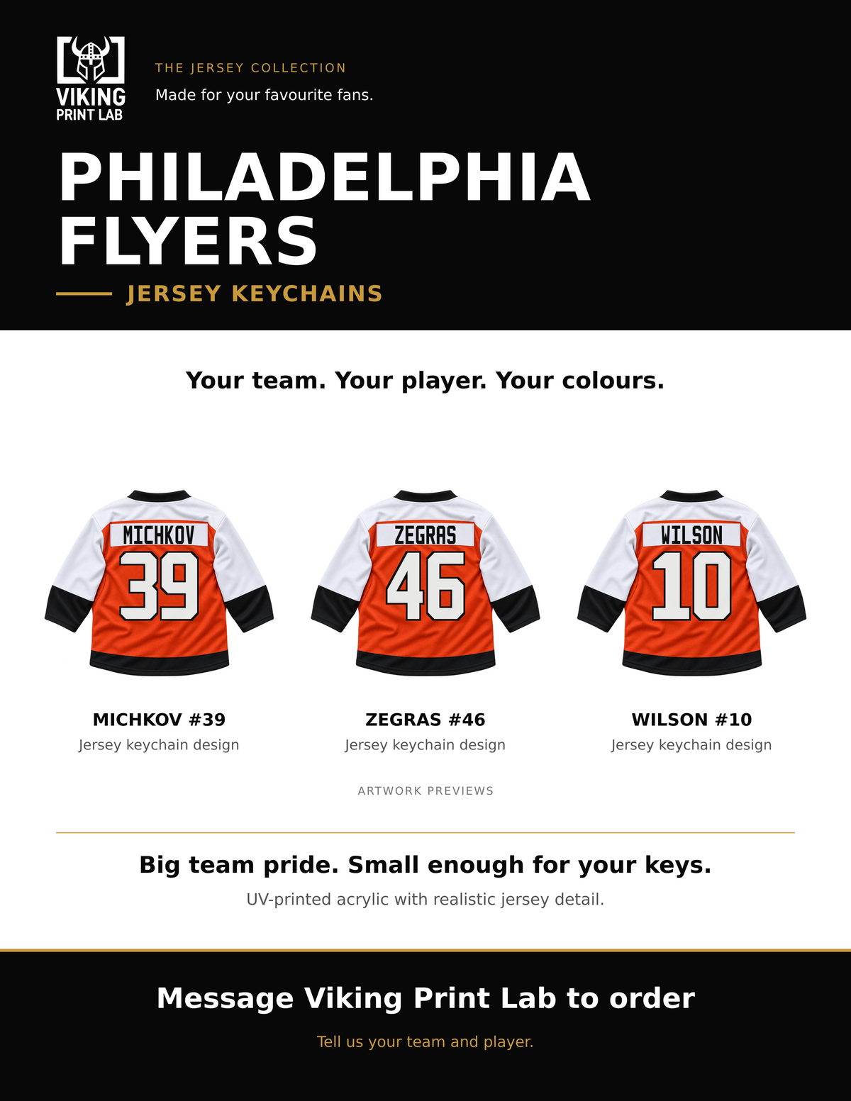 Philadelphia Flyers jersey keychain design overview, showing three available artwork examples. Price is for one keychain.