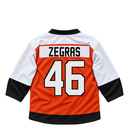 Philadelphia Flyers ZEGRAS #46 jersey keychain artwork preview. Jersey keychain design. Attachment hardware is supplied with the finished acrylic keychain.